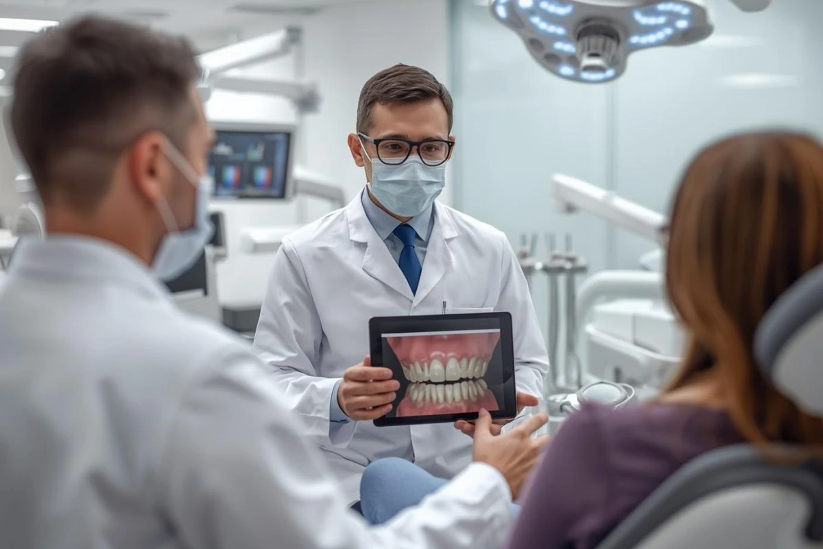 Dentist explaining dental implants treatment in Lucknow to a patient using a digital tooth model in a modern dental clinic